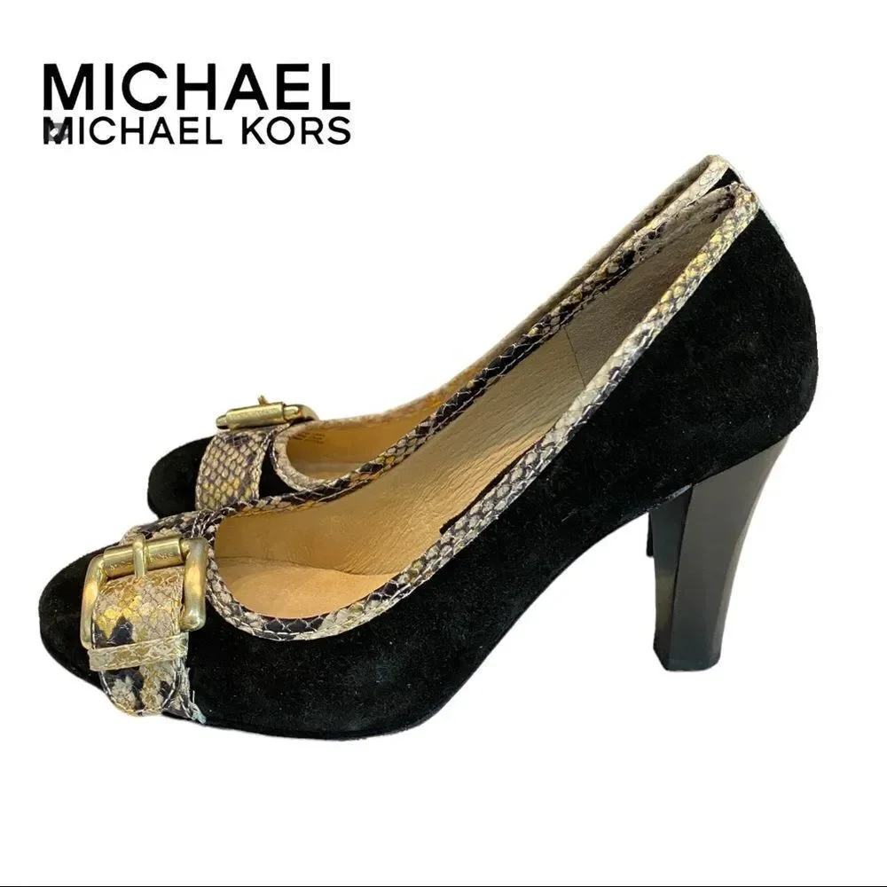 Michael Michael Kors Black Suede Leather Snake Buckle Pumps Heels 9